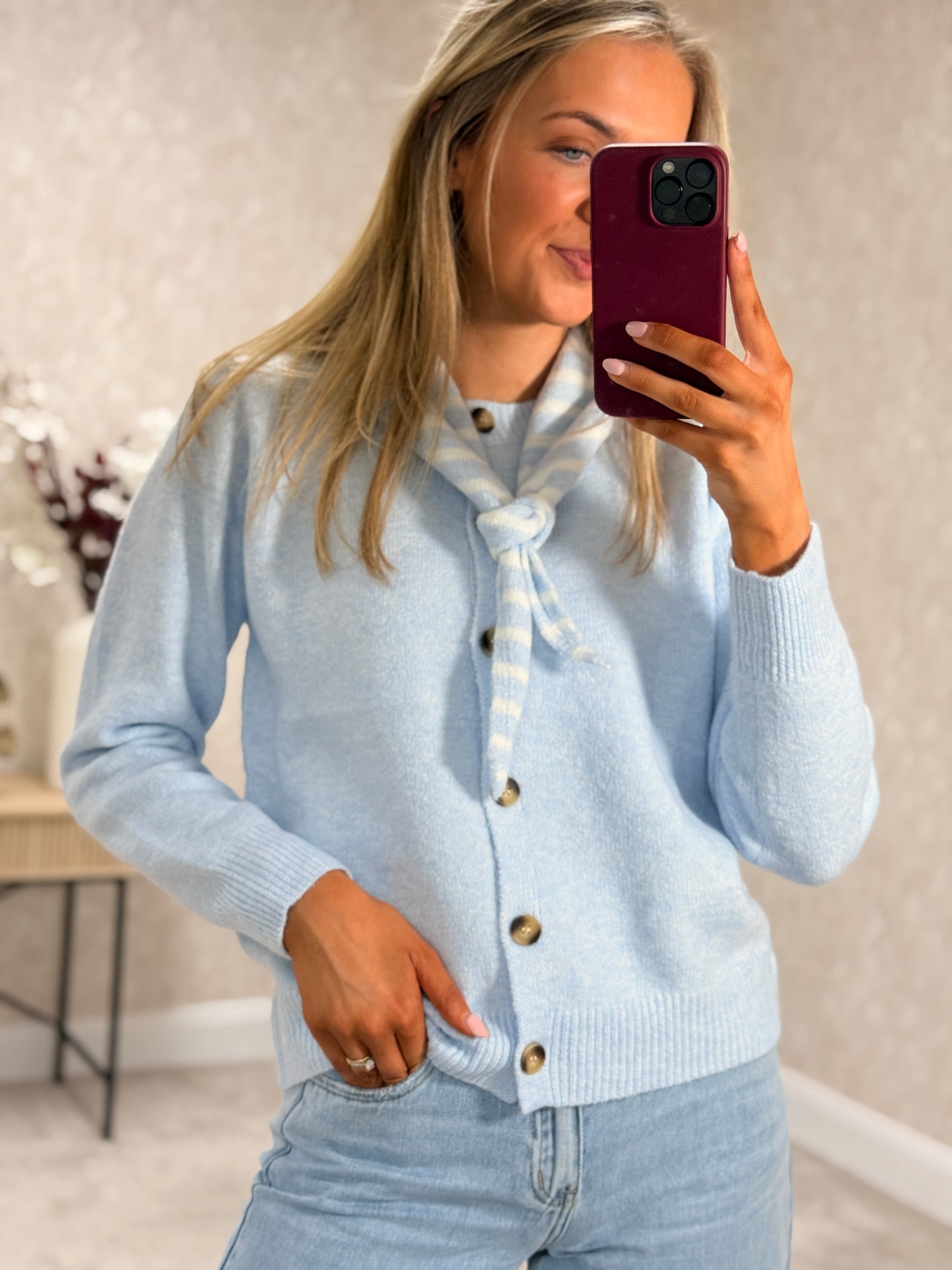 Grace Cardigan with Neck Scarf Blue 2019