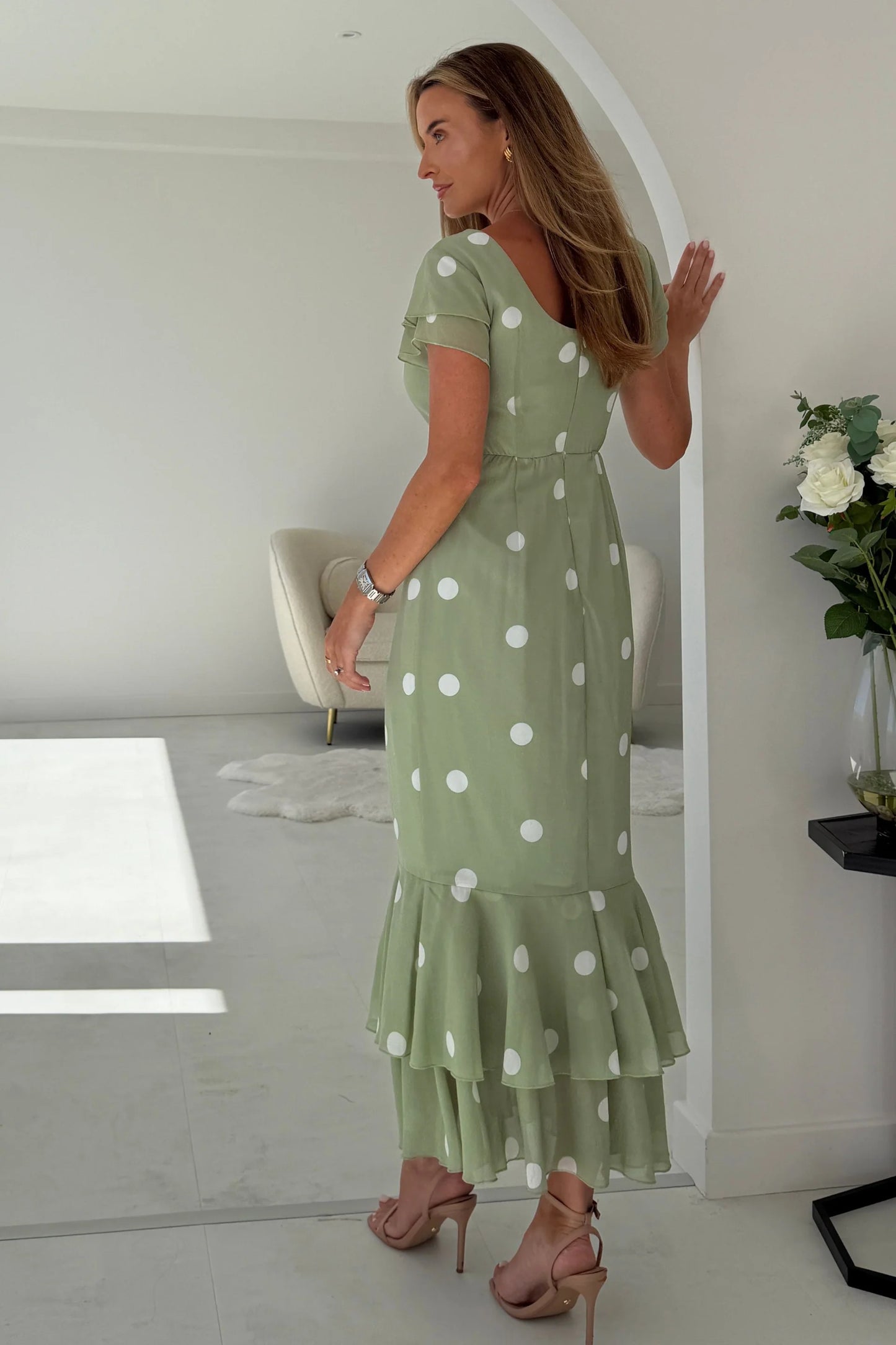 Roxy Boat Neck Frill Midi Sage Dress