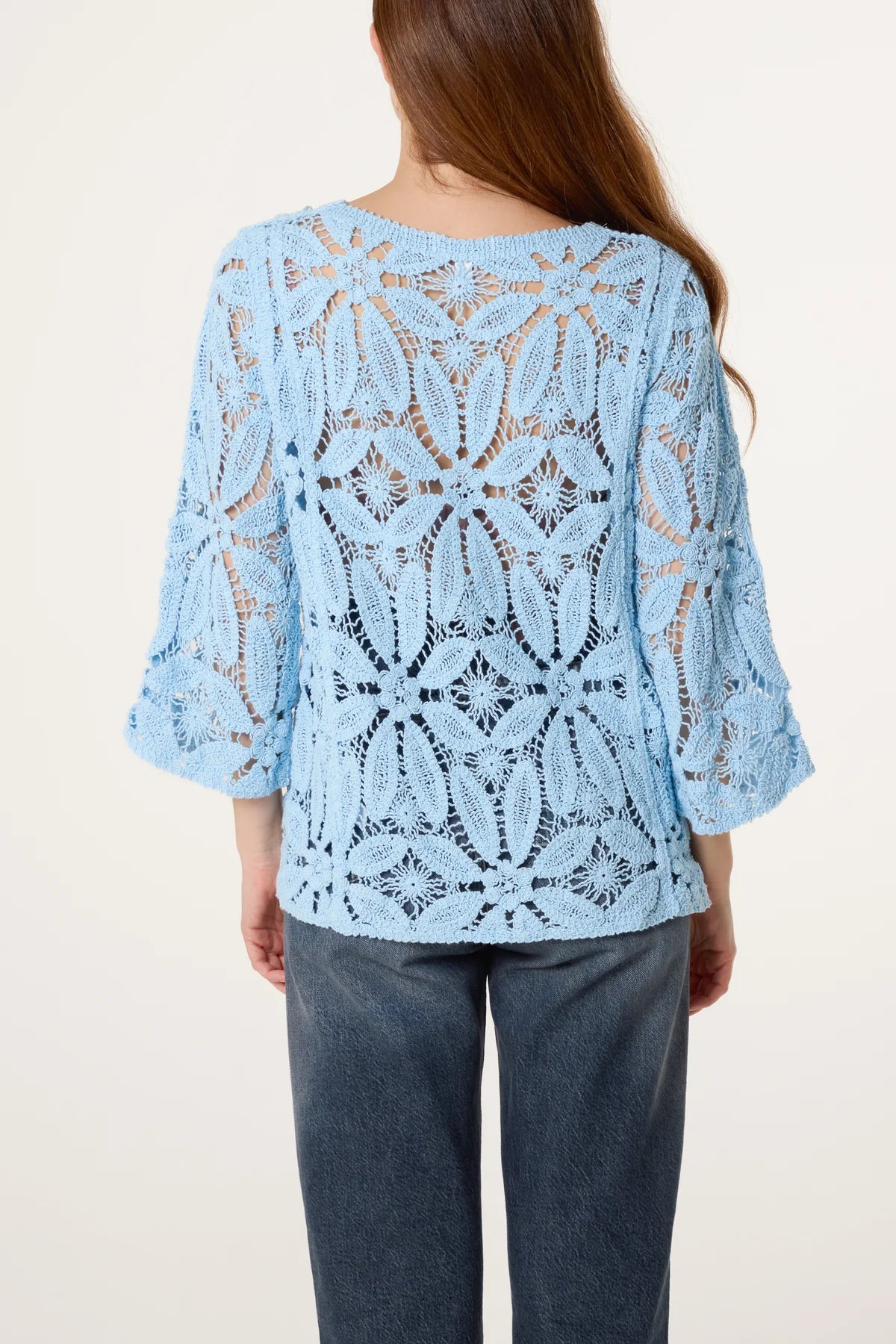 Flower Crochet Long Sleeve Top Light Blue