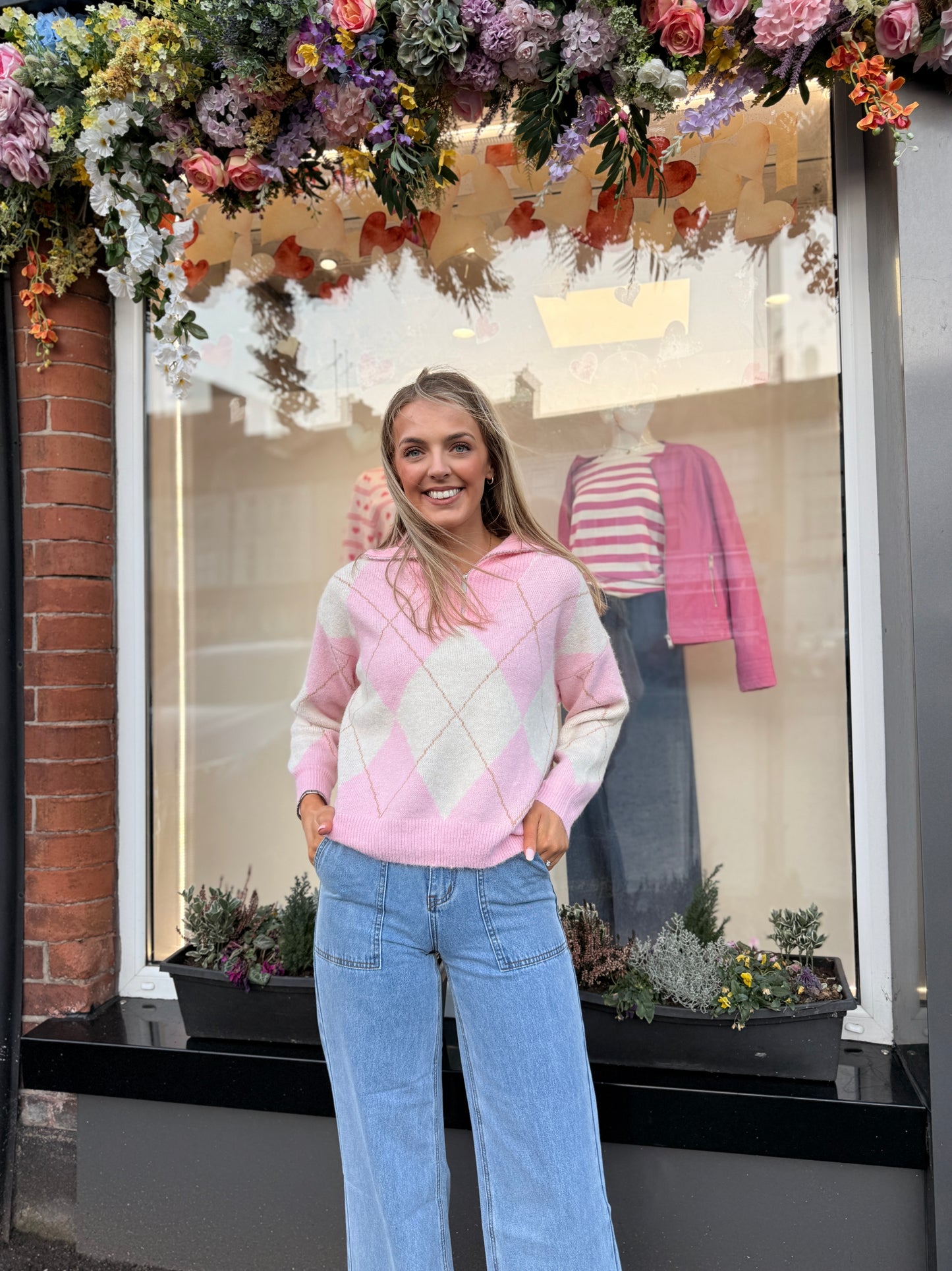 Argyle Pink Cream Zip Jumper 2021