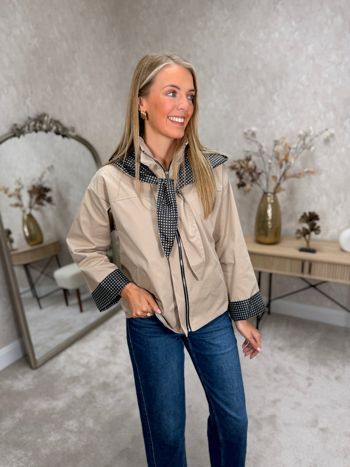 Anna Checked tie jacket Beige
