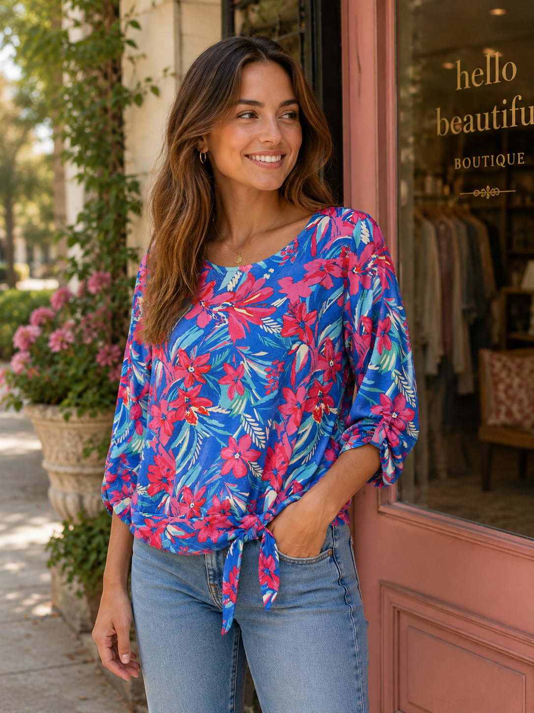 YEW 3318 Pink Blue Round Neck Top