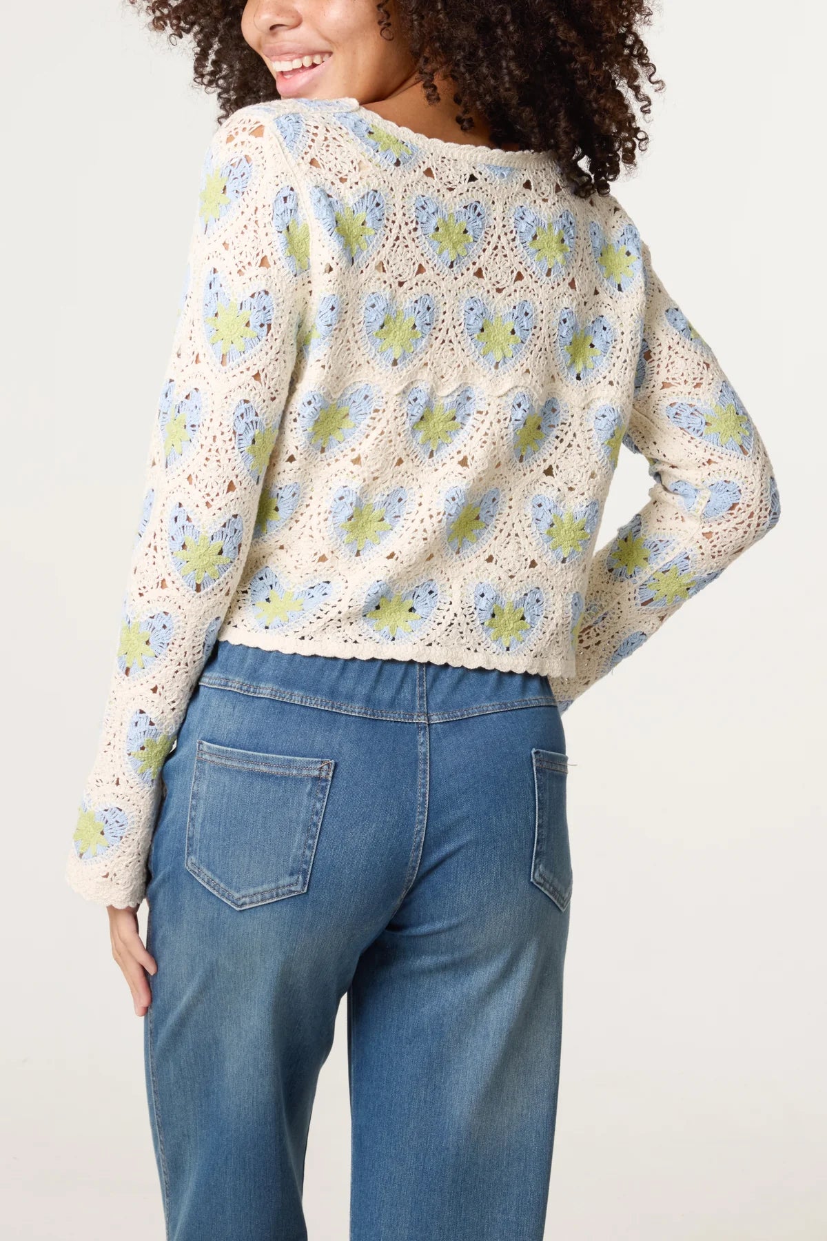 Beaded Heart Pattern Crochet Cardigan Blue