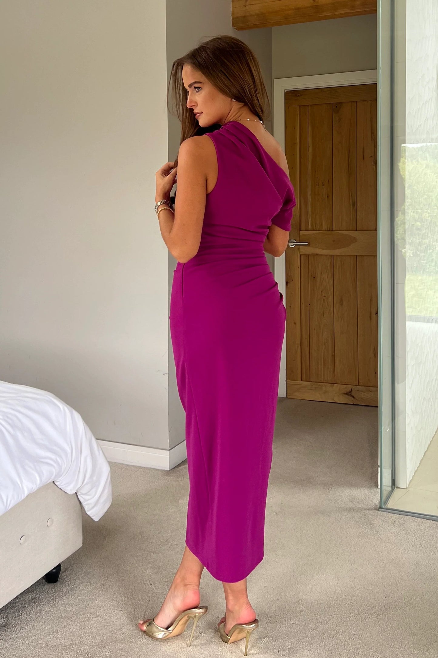 Donna Asymmetric Neckline Midi Dress Dark Fuchsia Dress