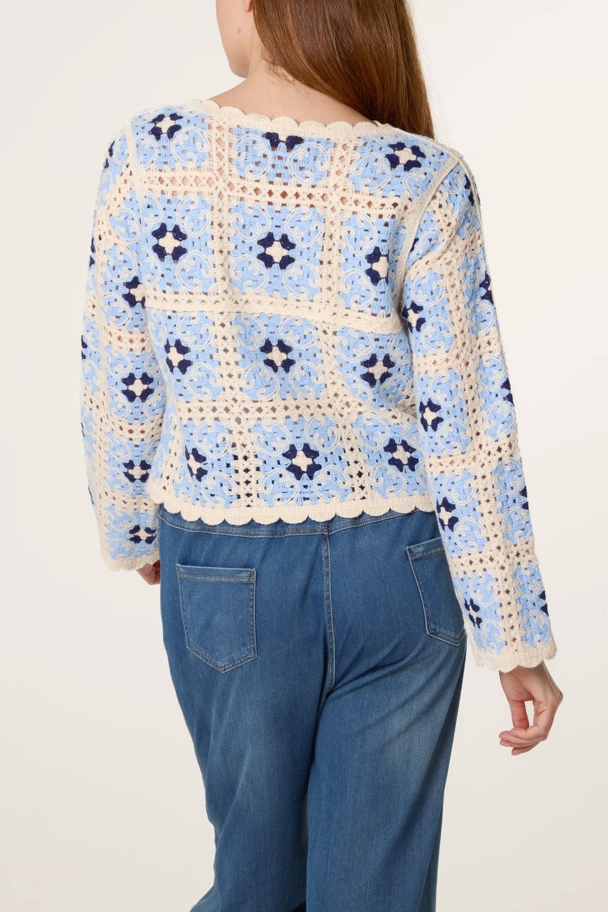 Patchwork Scallop Crochet Top Blue