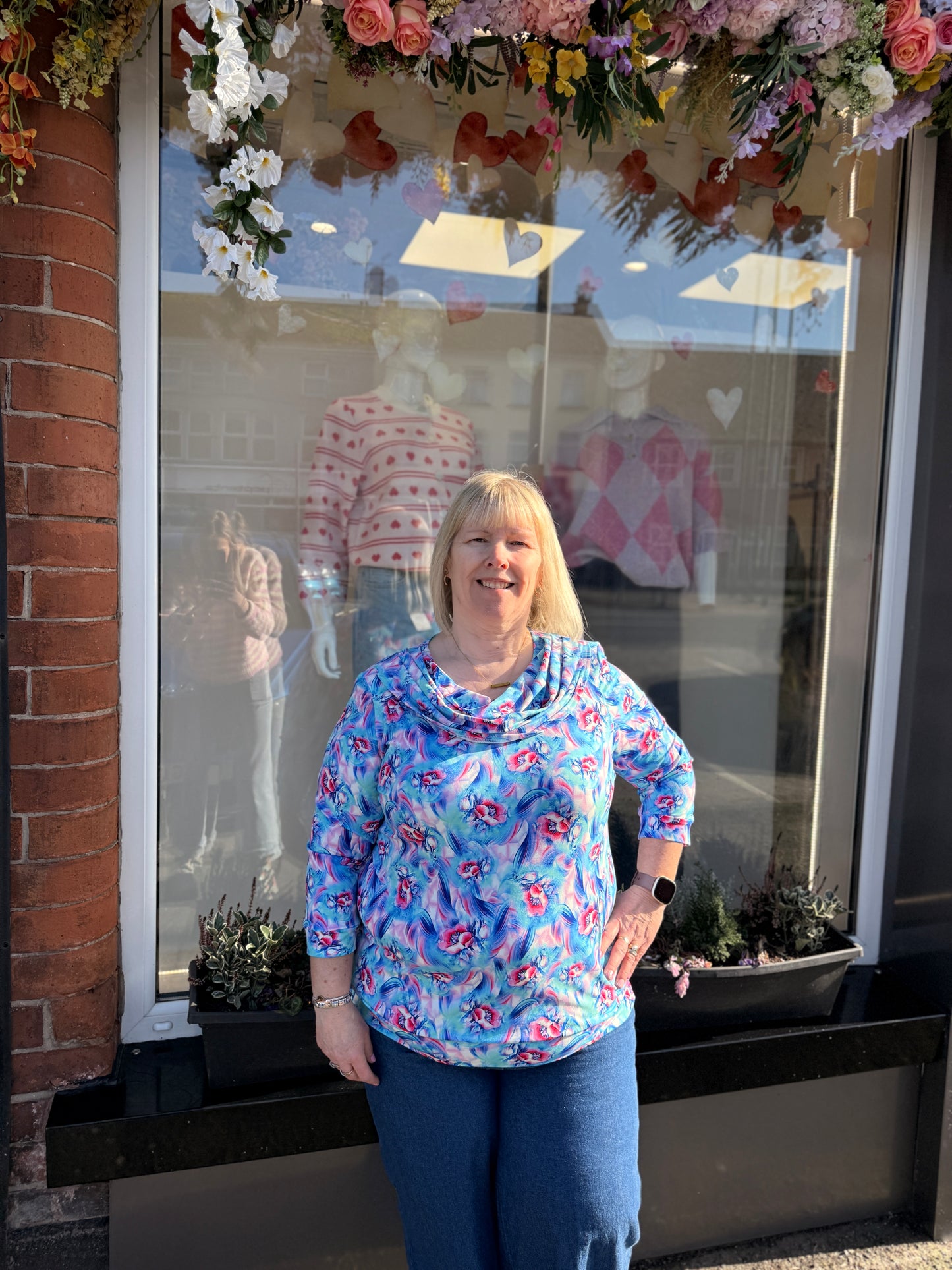 Yew 2647 Blue Flower Cowl Neck