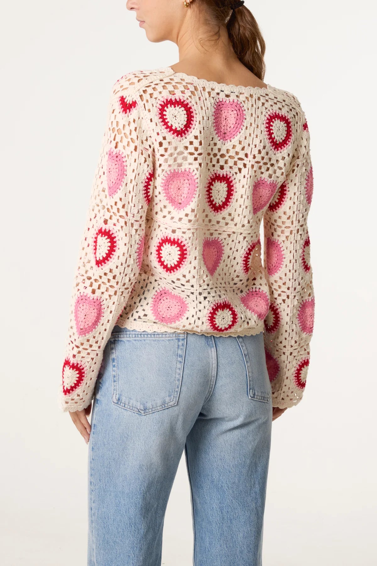 Colourful Heart Crochet Cardigan Pink