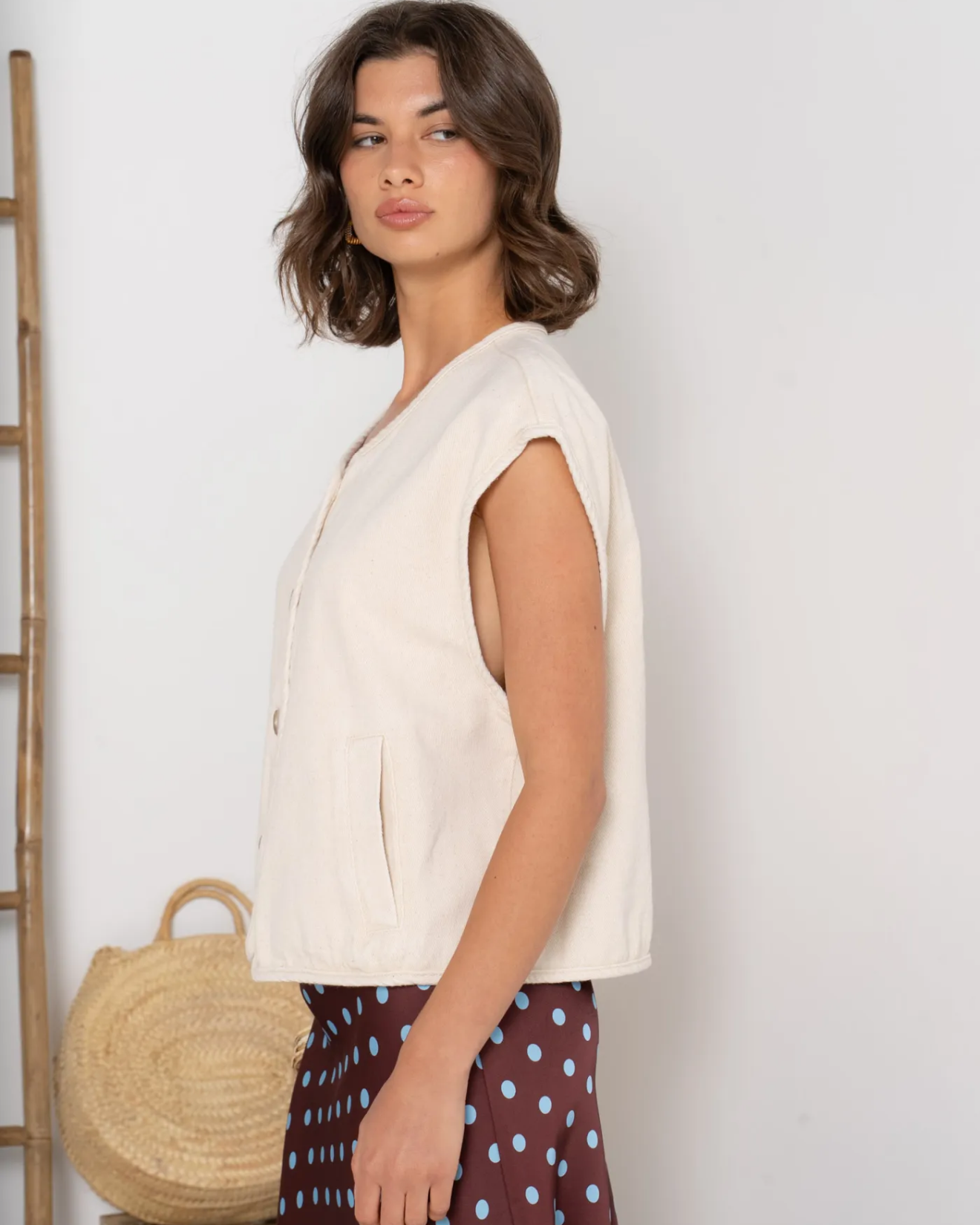 Soft Denim Sleeveless Waistcoat Beige