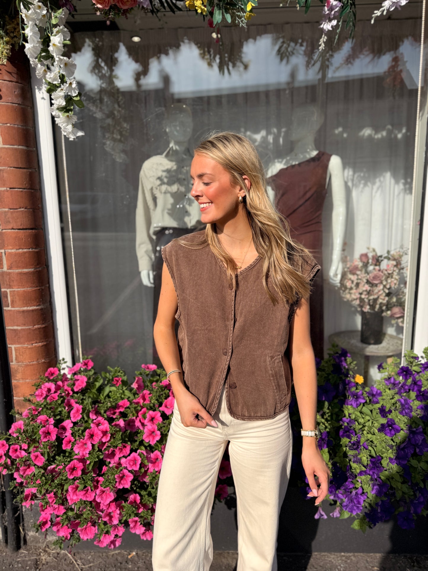 Soft Denim Sleeveless Waistcoat Brown