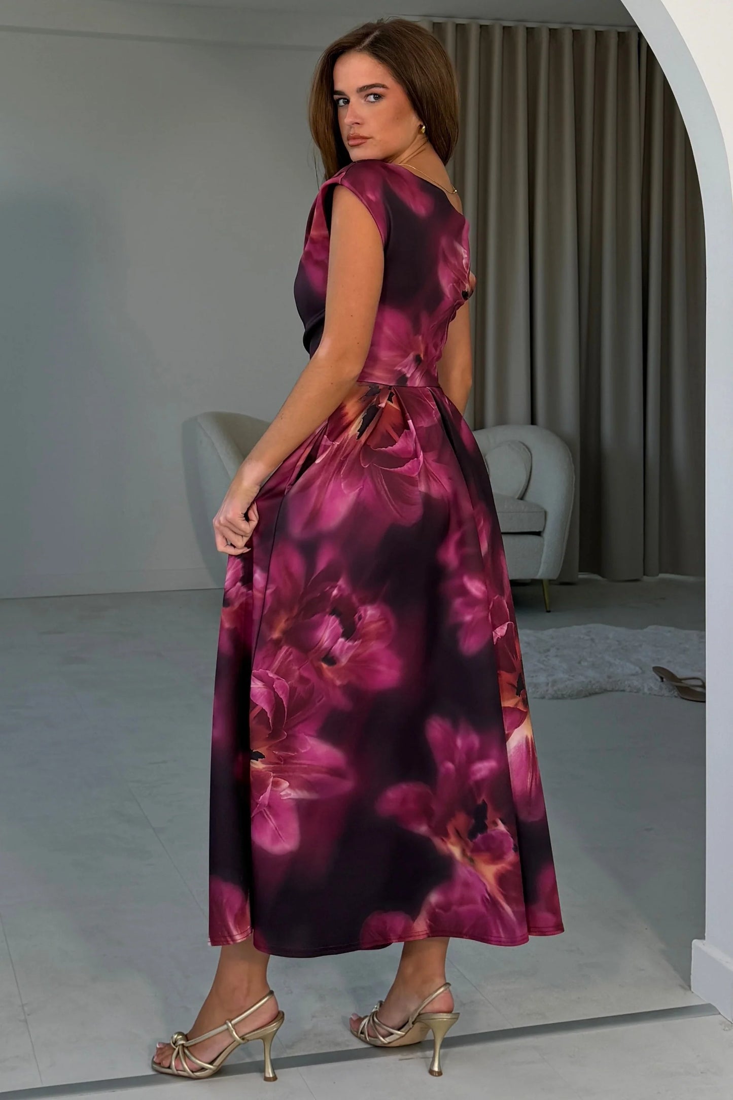 Betty Asymmetric Neckline Floral Skater Midi Dress Plum Floral
