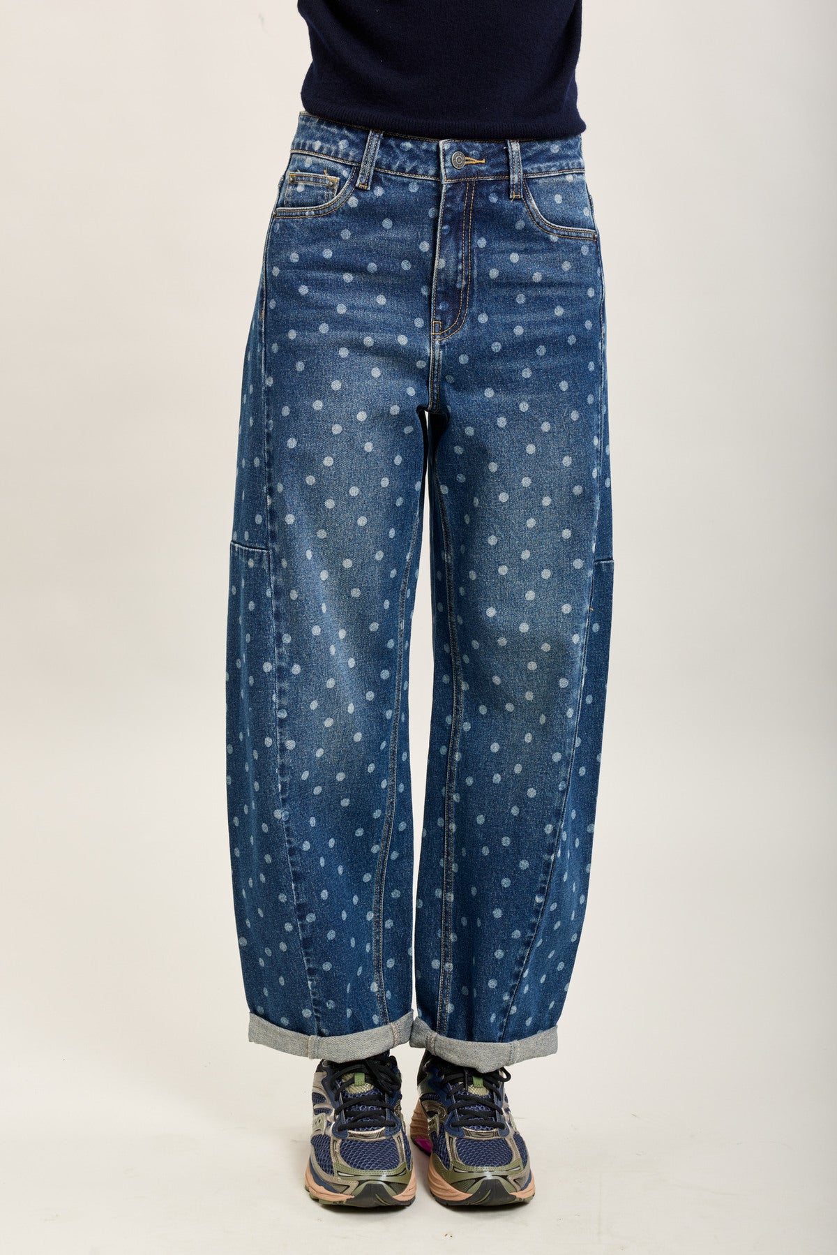 Denim polka dot barrel jeans