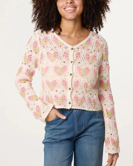 Beaded Heart Pattern Crochet Cardigan Pink