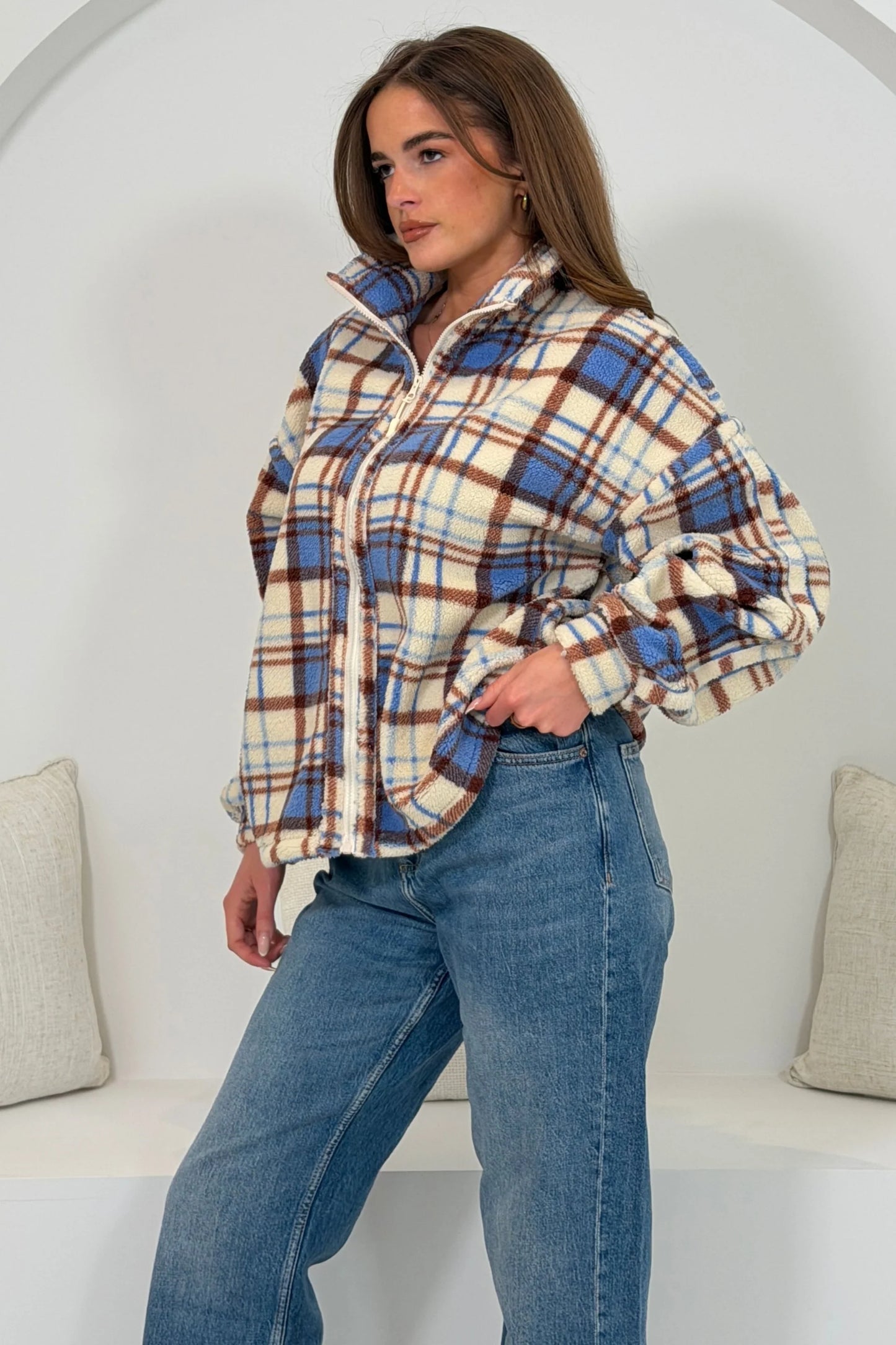 LuLu Full Zip Check Fleece Cream