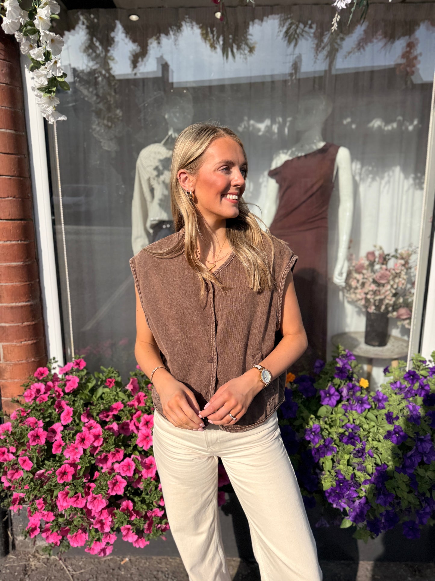 Soft Denim Sleeveless Waistcoat Brown