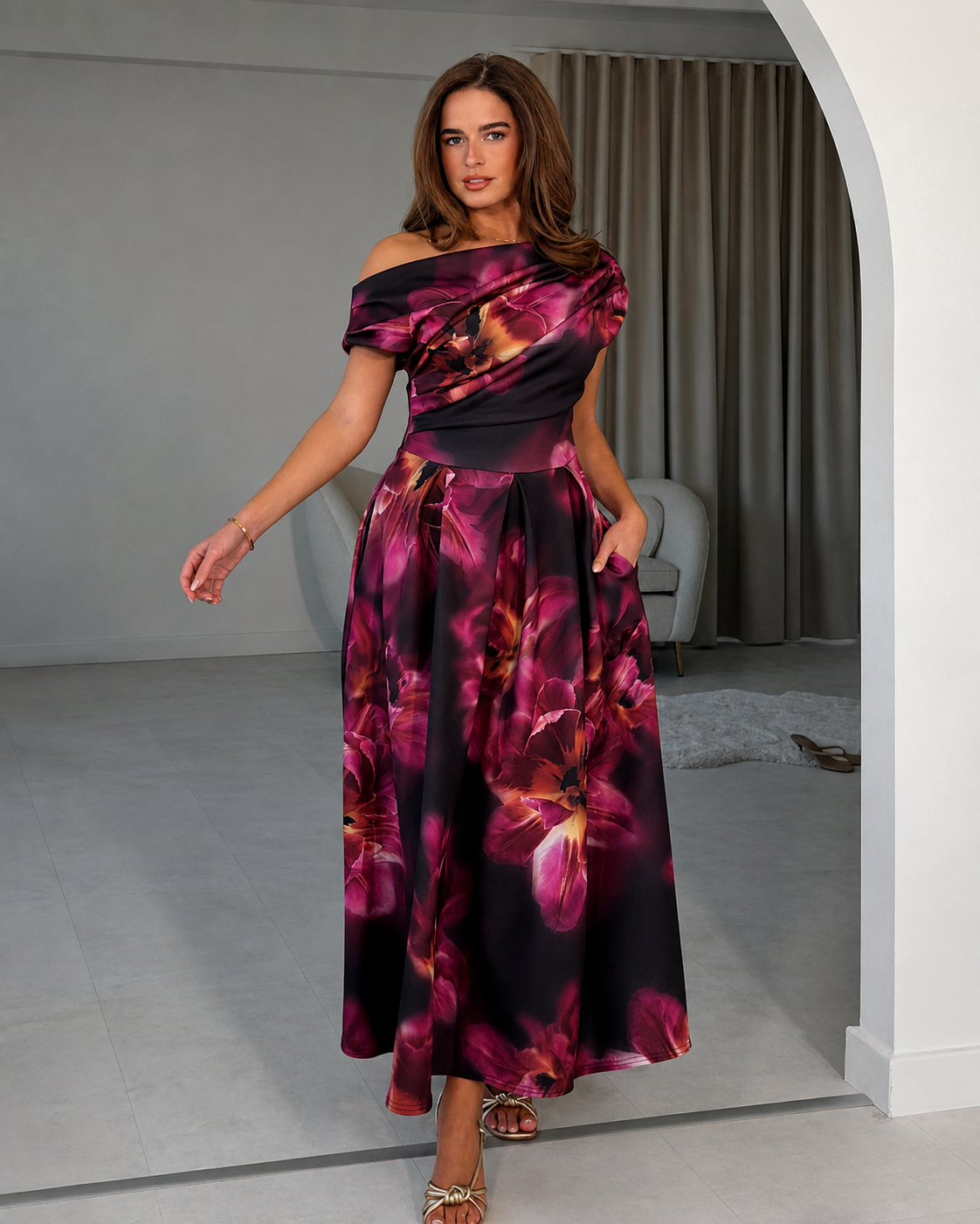 Betty Asymmetric Neckline Floral Skater Midi Dress Plum Floral