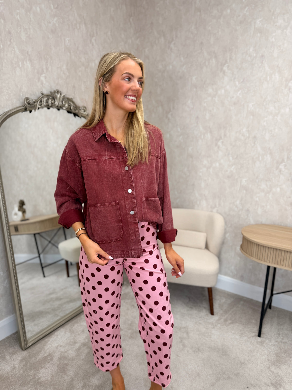 Soft Barrel Polka Dot Jeans - Pink/Burgundy