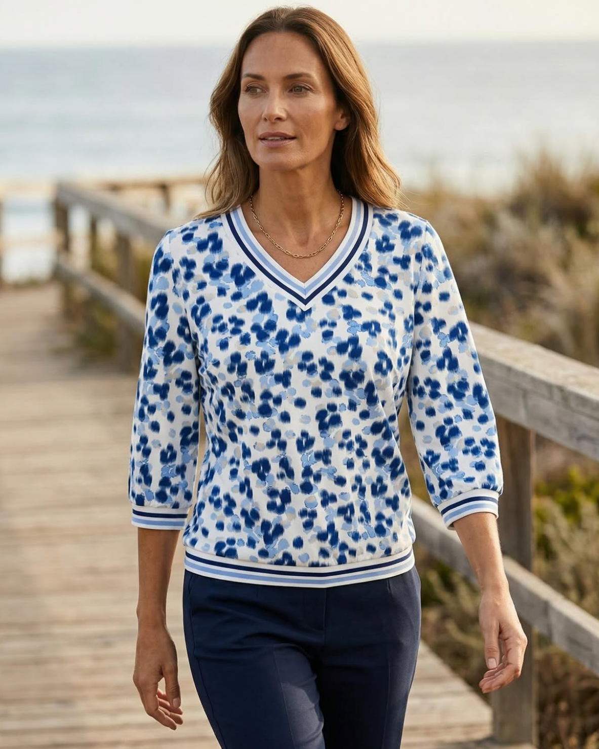 YEW 3825 Blue Taupe V Neck