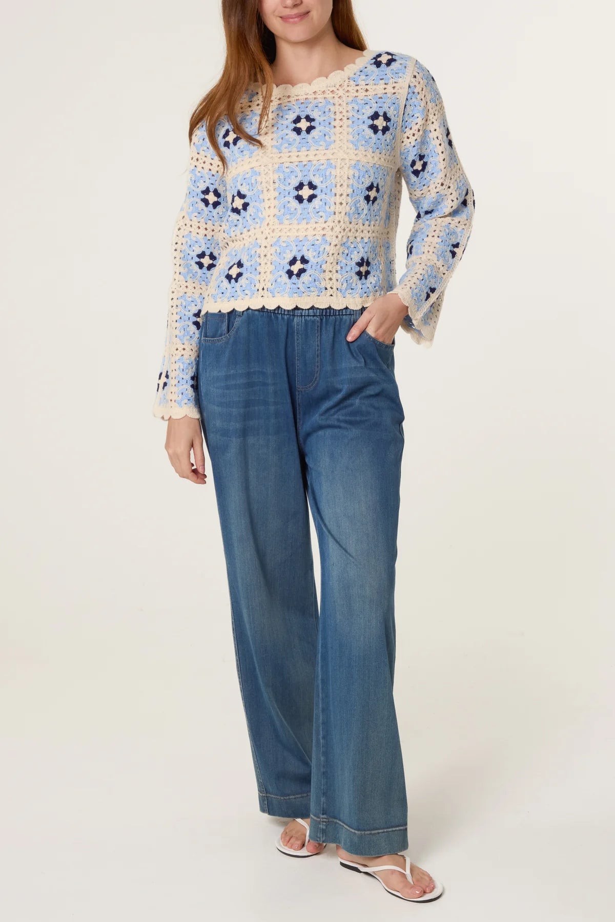 Patchwork Scallop Crochet Top Blue