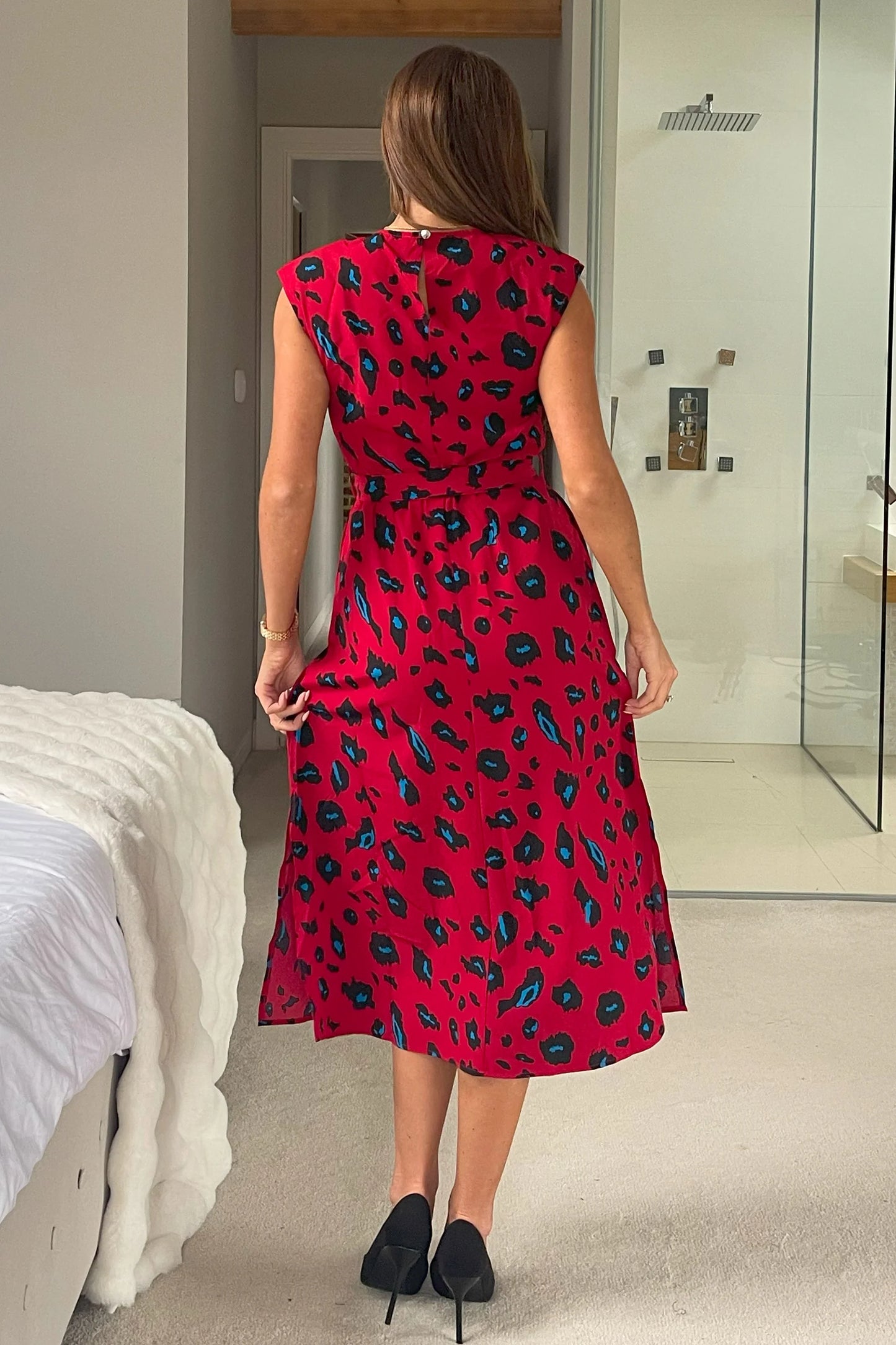 Amay Red Animal Shoulder Pad Midi Dress