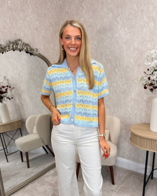 Knit collared top - blue/lemon