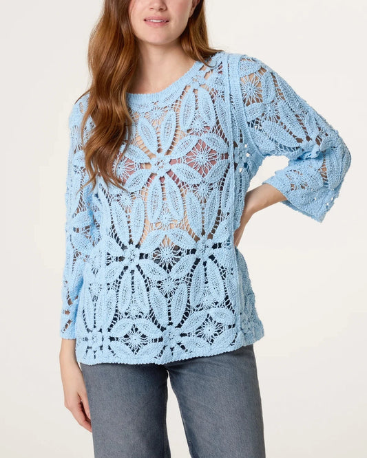 Flower Crochet Long Sleeve Top Light Blue