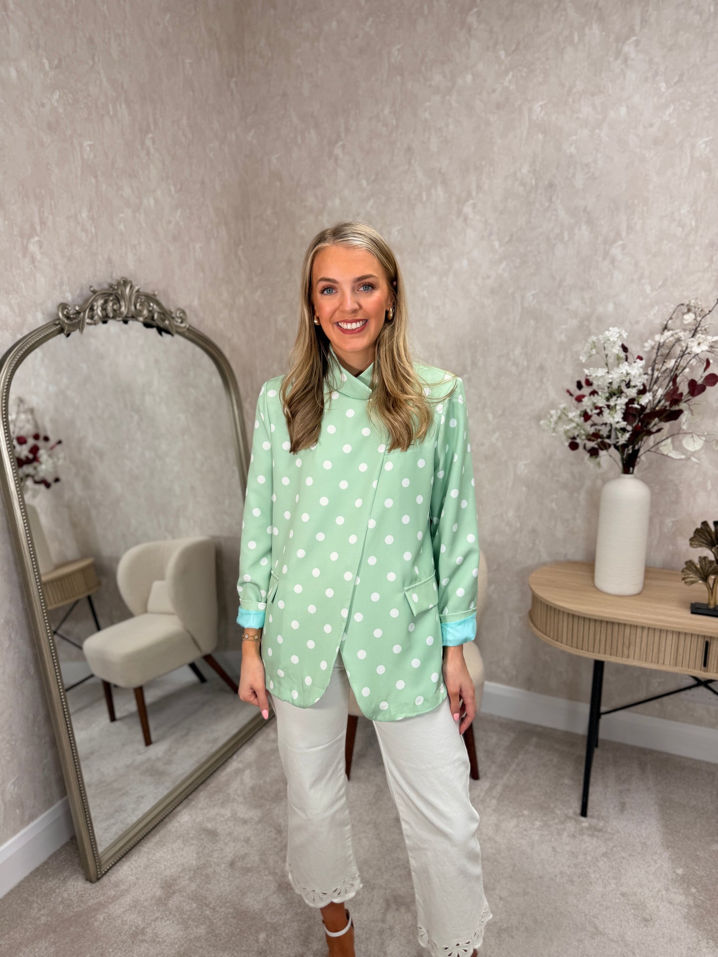 Double-Breasted Polka Dot Blazer Mint