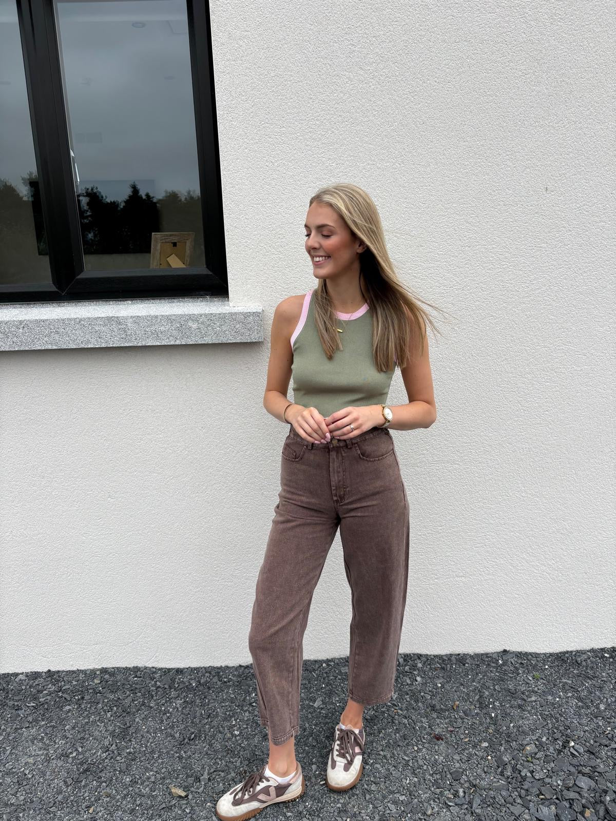 Contrast Ribbed Tank Top Olive/Pink