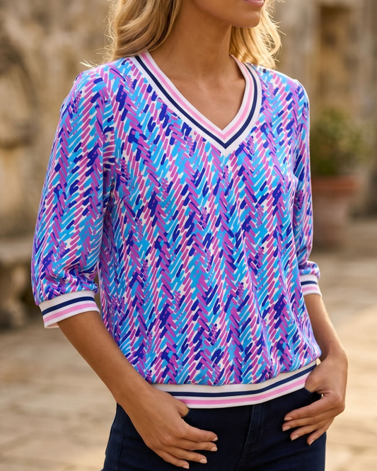 Yew 3825 V Neck Top Pink Blue