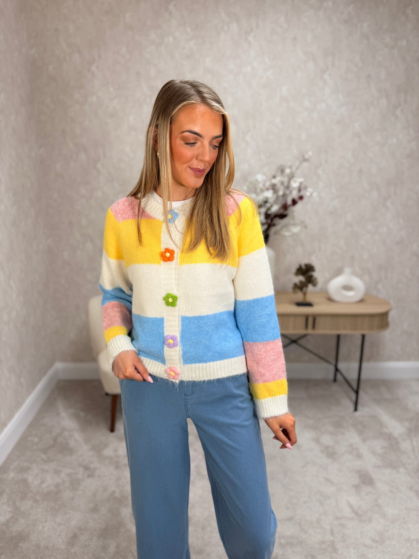 Striped Block Flower Button Knit Cardigan.