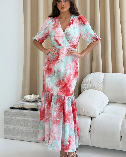 Rhoda Wrap Front Puff Sleeve Tiered Maxi Dress