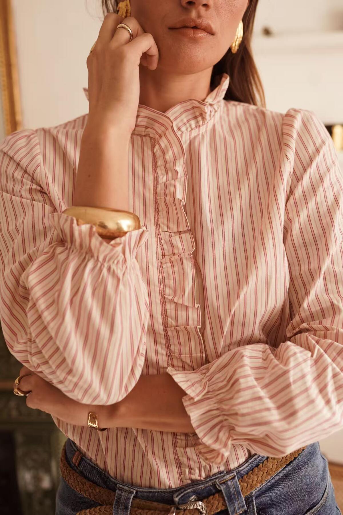 Striped Ruffle Blouse Pink