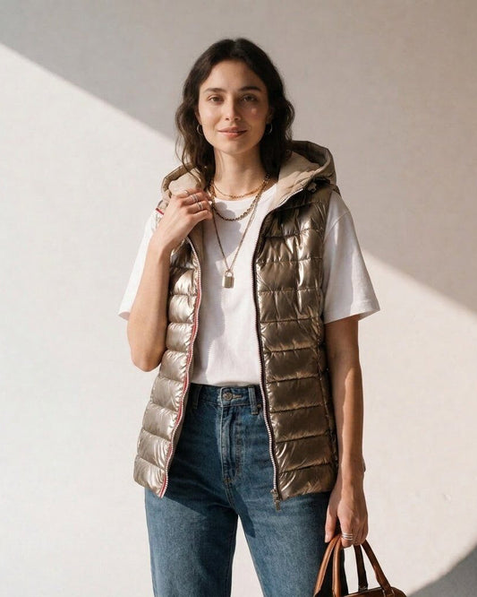 Waterproof sleeveless metallic gilet bronze