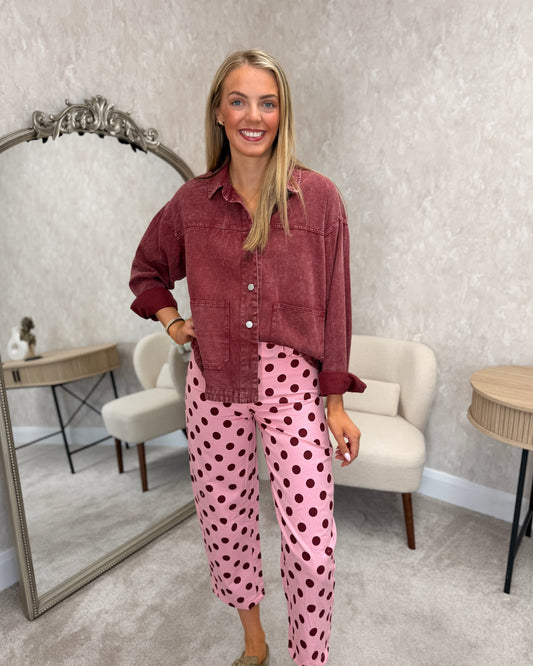 Soft Barrel Polka Dot Jeans - Pink/Burgundy