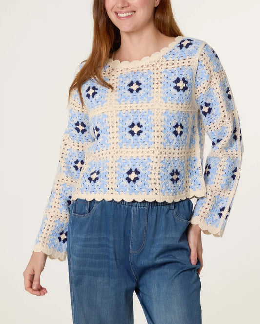 Patchwork Scallop Crochet Top Blue