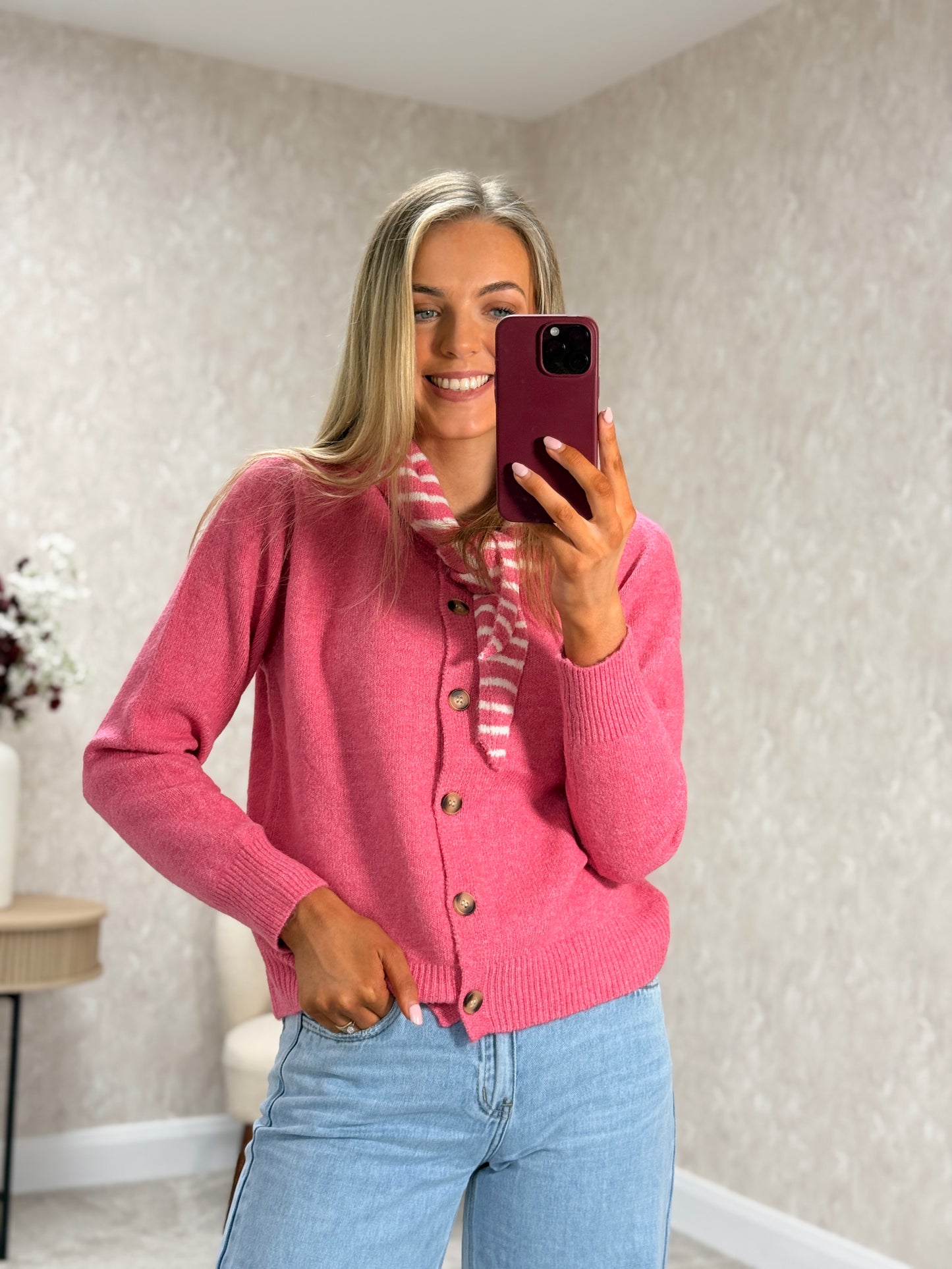 Grace Cardigan with Neck Scarf Pink