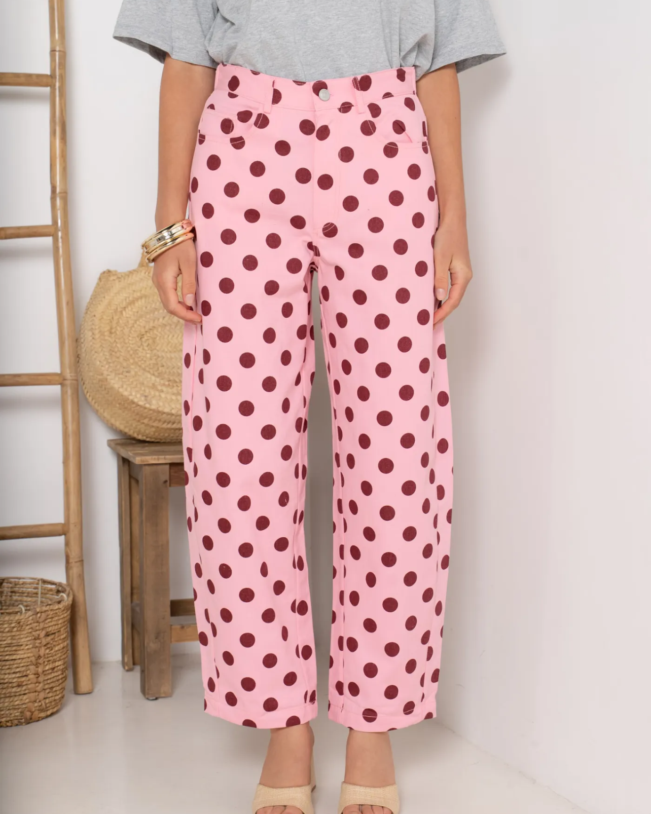 Soft Barrel Polka Dot Jeans - Pink/Burgundy
