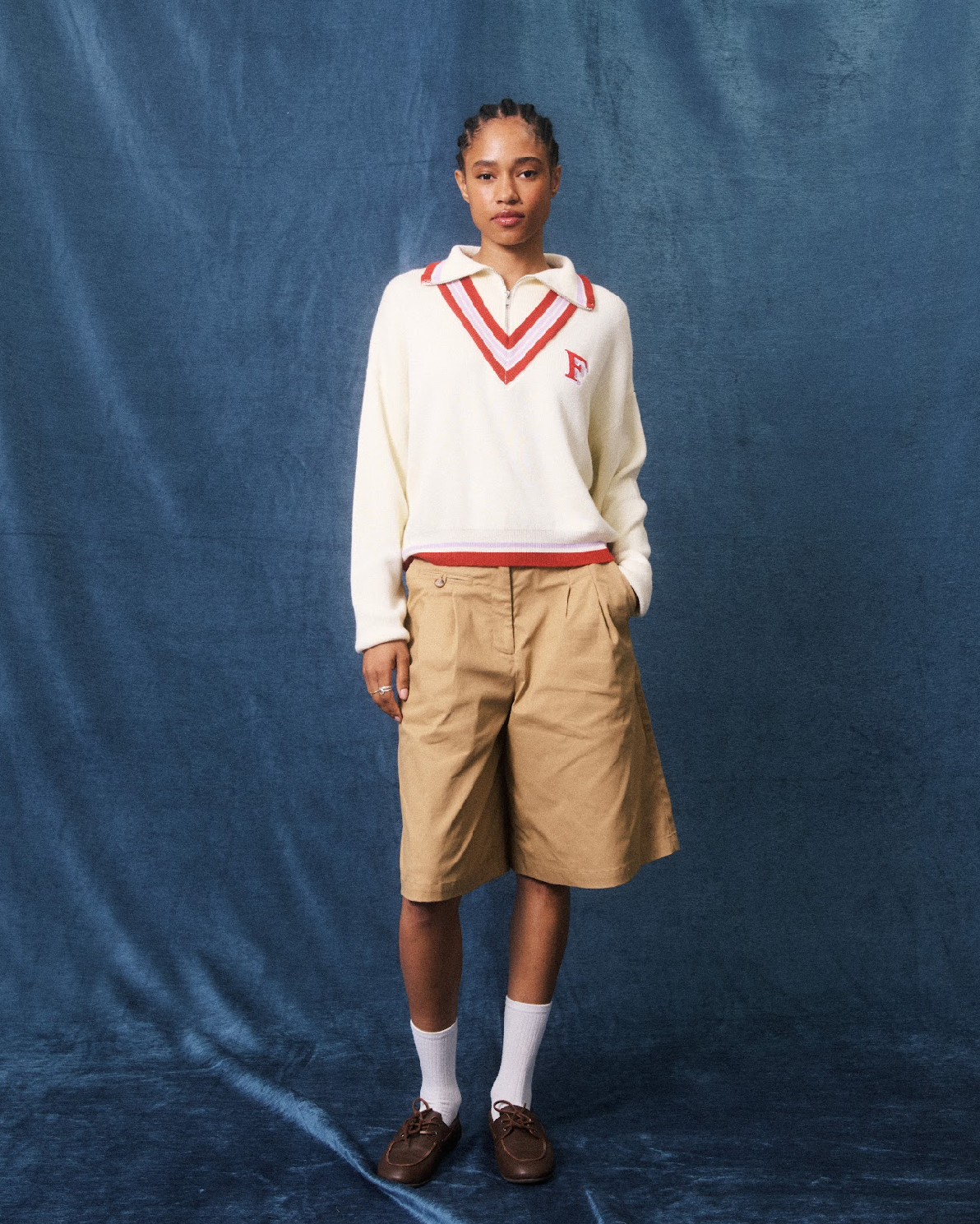 Cream 1/4 Zip Varsity Knit