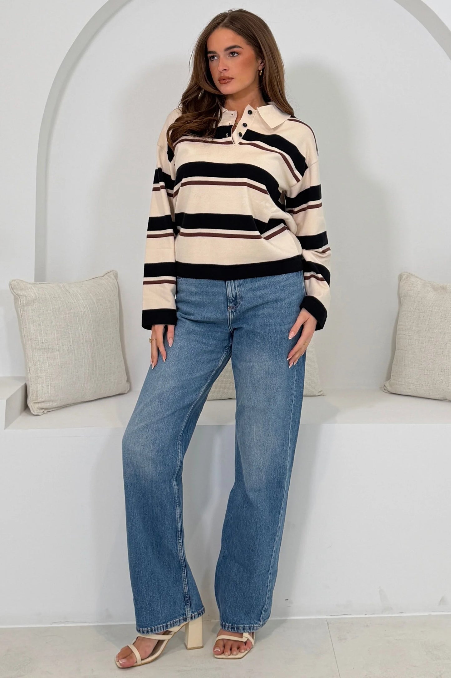 Valley Stripe Collar Detail Long Sleeve Top Black
