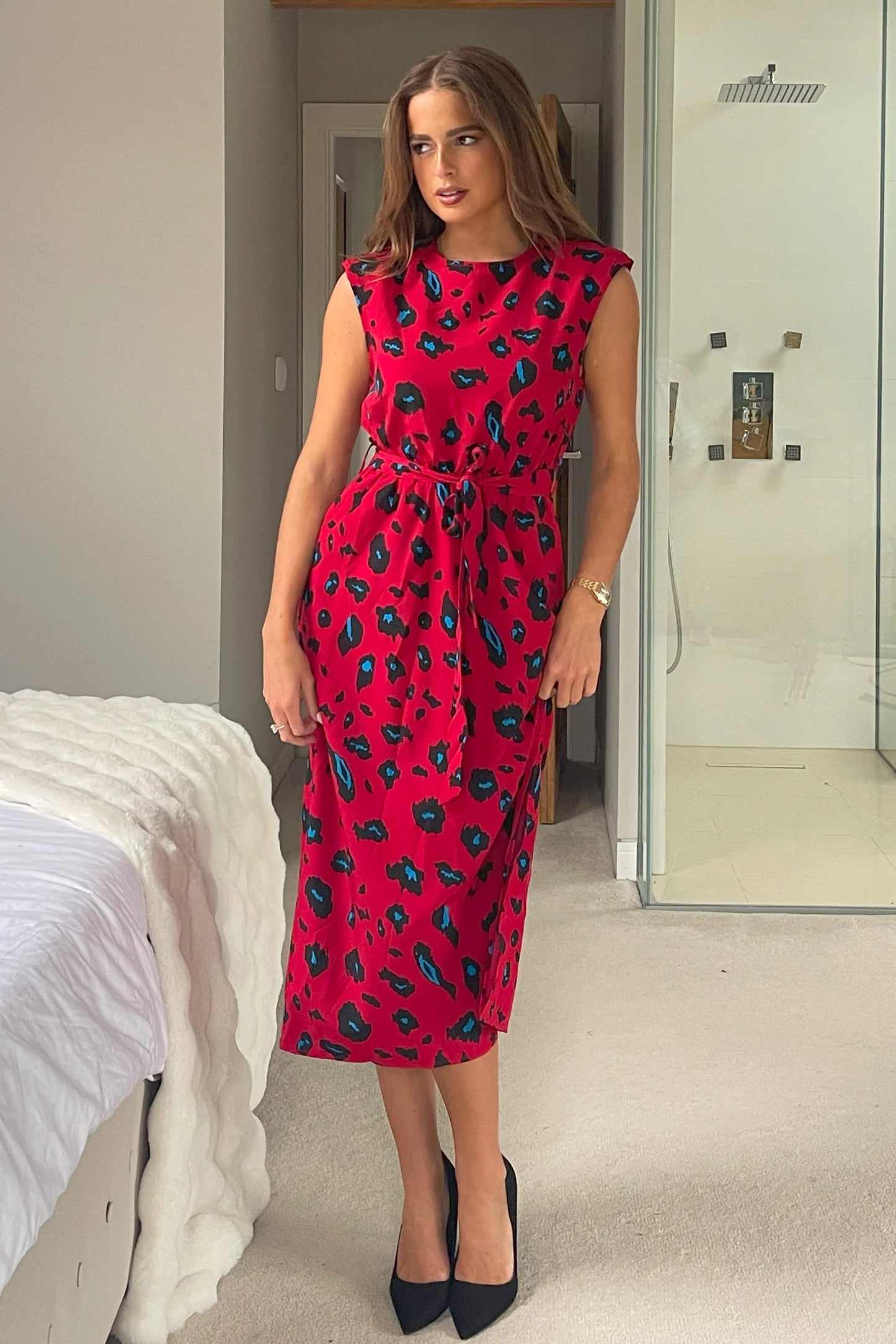 Amay Red Animal Shoulder Pad Midi Dress
