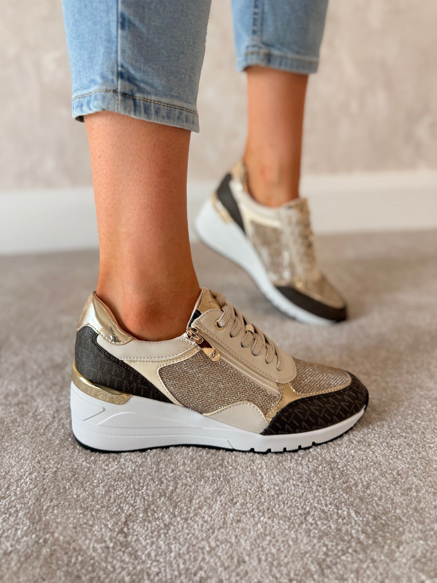 Cream Comb Sparkle Wedge Trainers