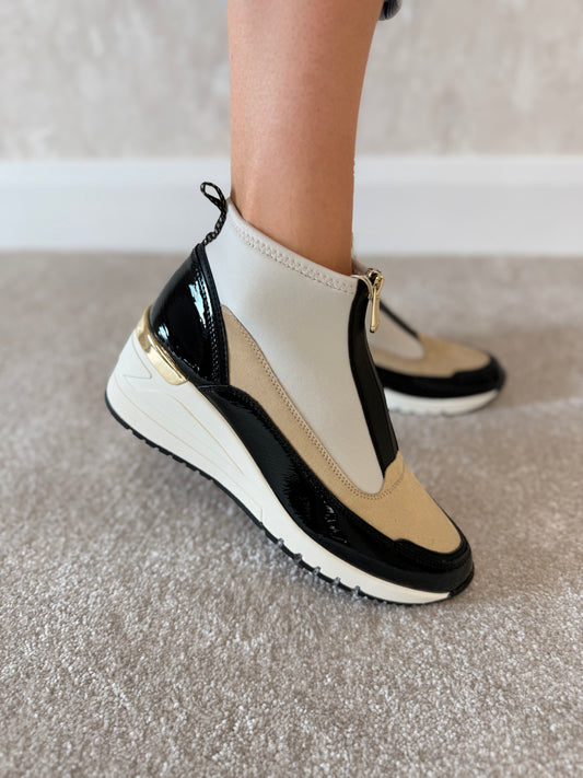 Cream/Black Wedge High Top Trainer