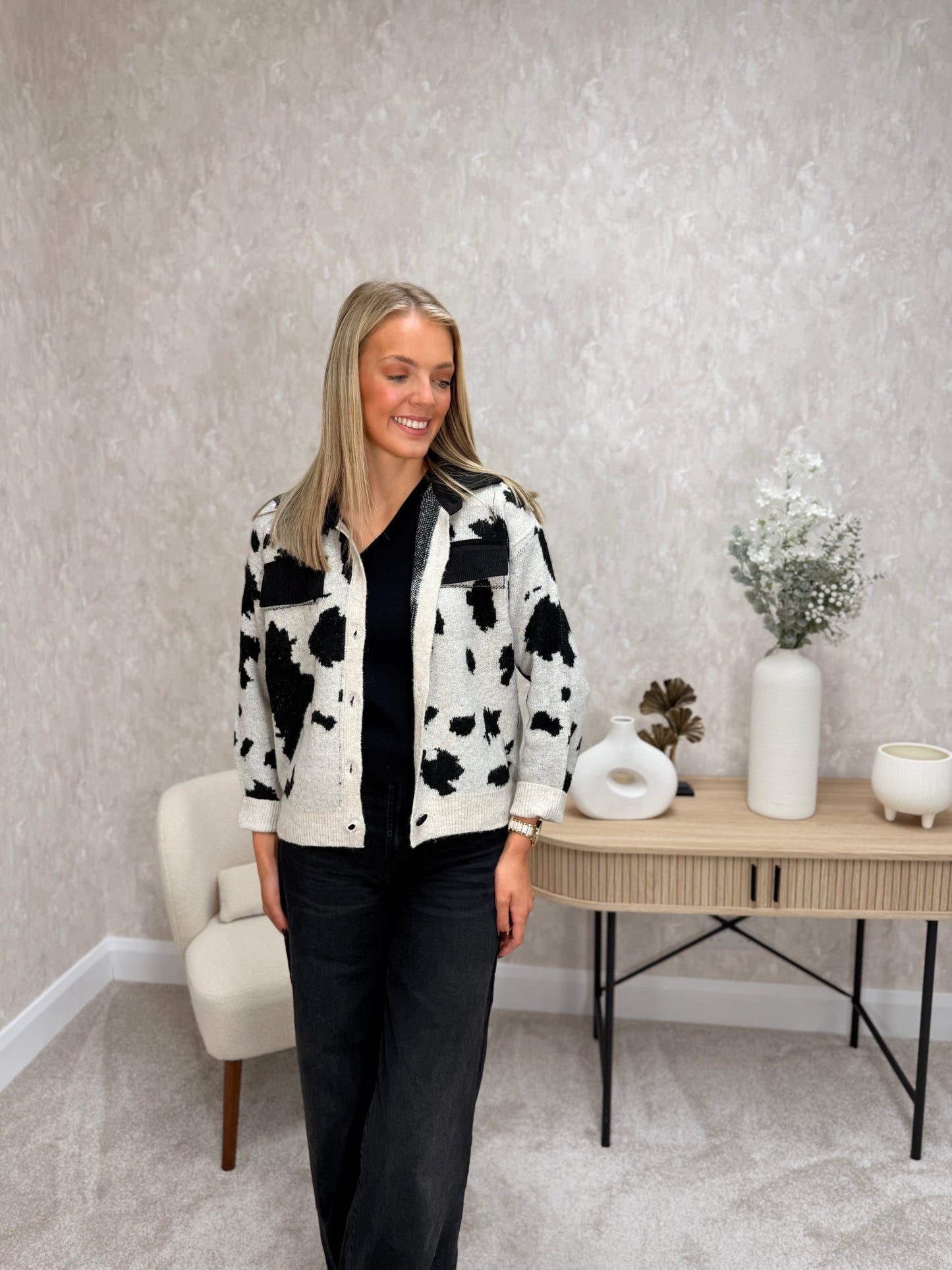 Cow Print Cardigan Black