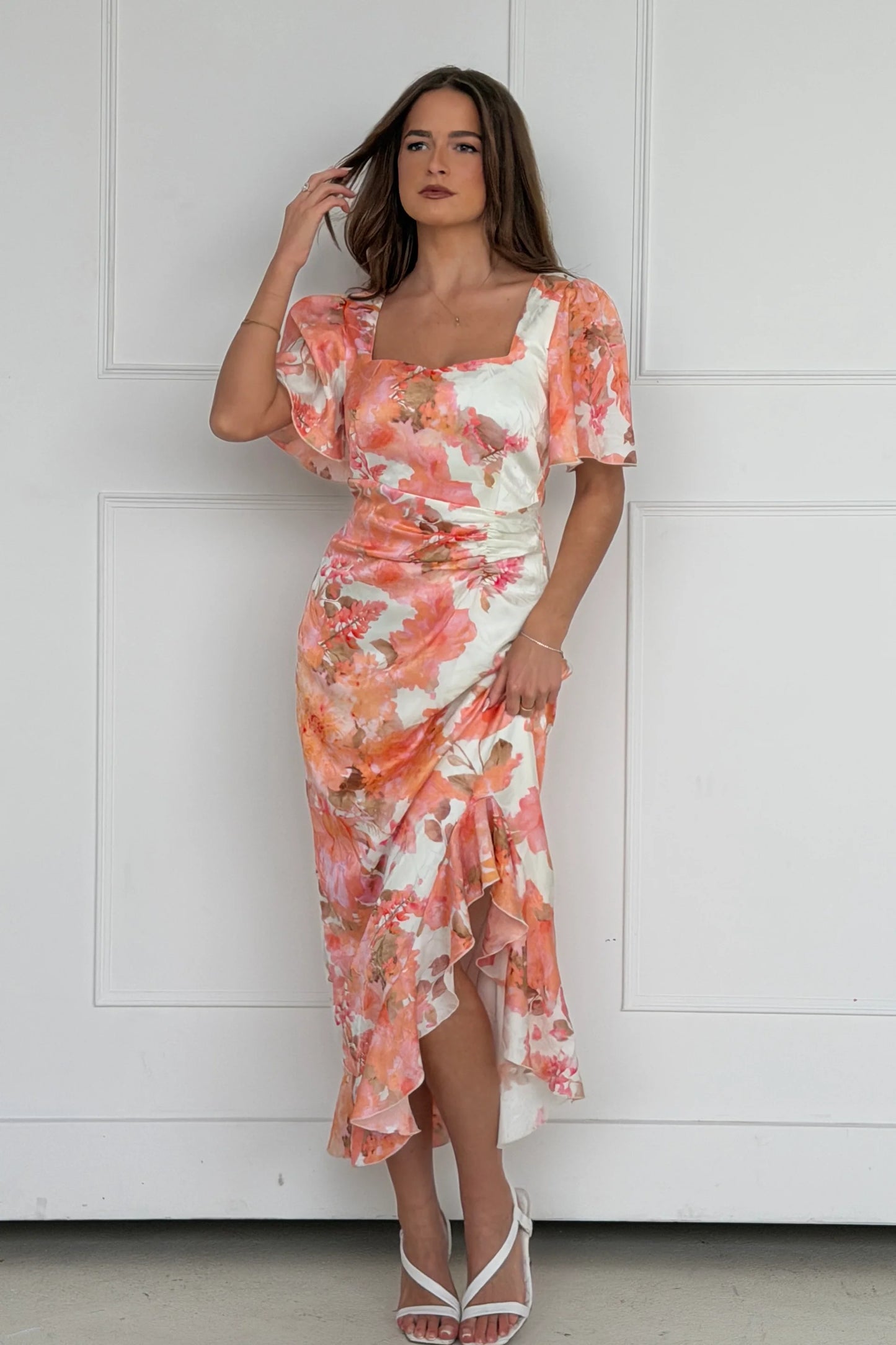 Heidi Floral Print Ruched Midi Dress