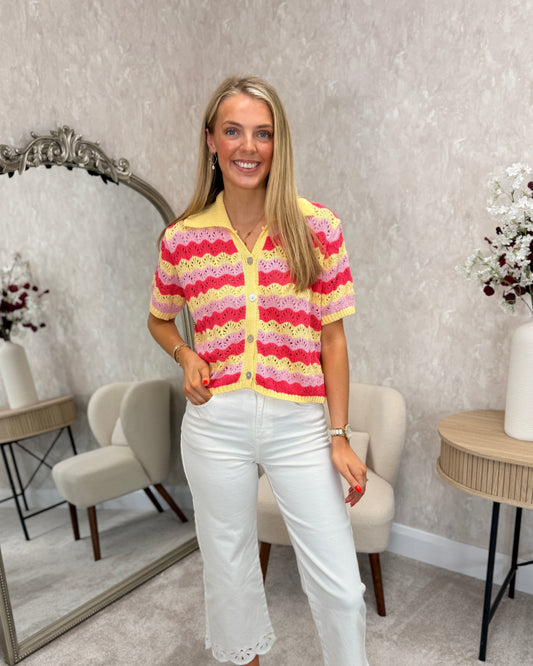 Knit collared top - pink/lemon