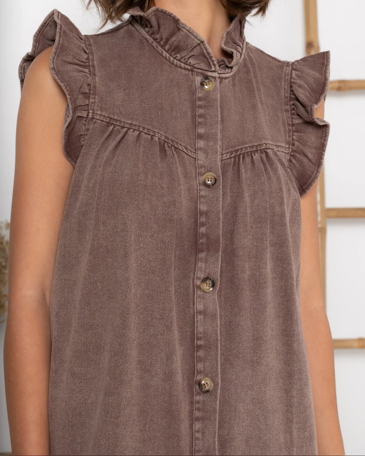 Ruffle Soft Denim Dress Brown