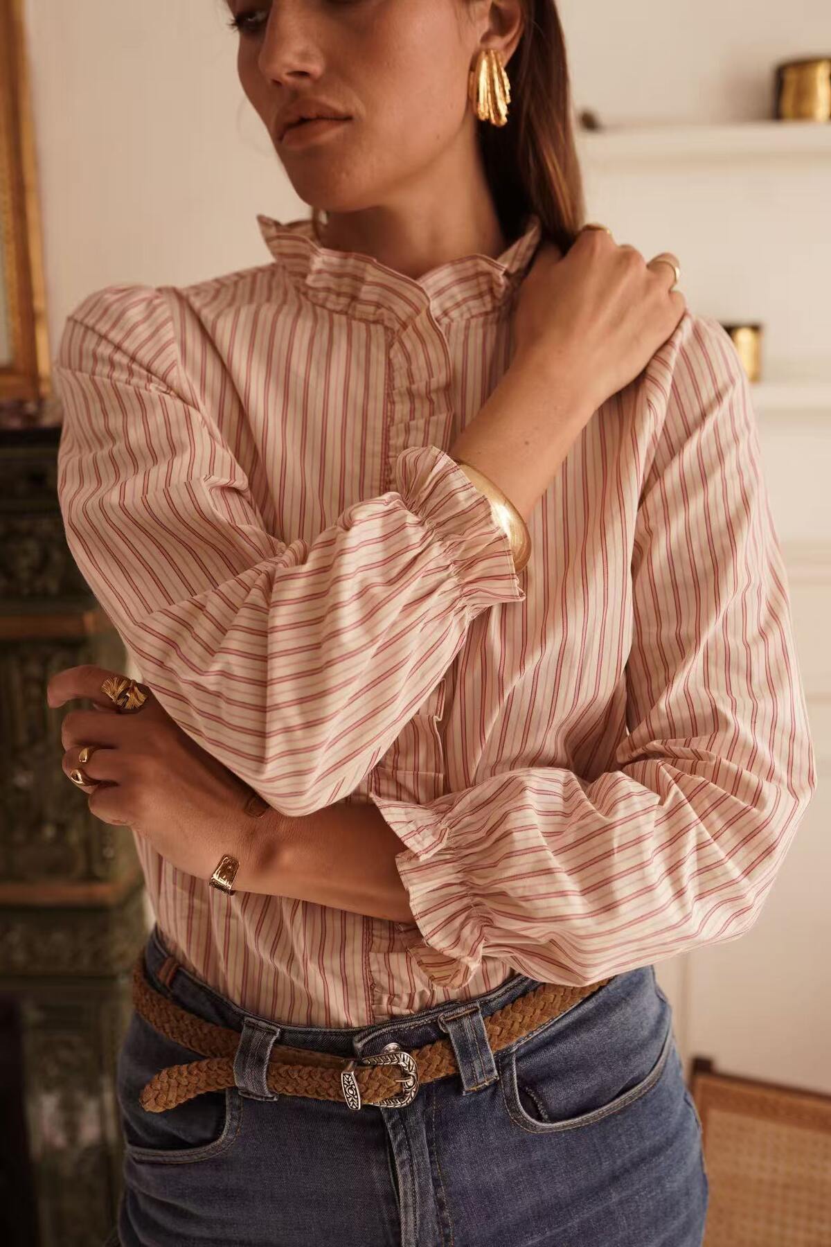 Striped Ruffle Blouse Pink