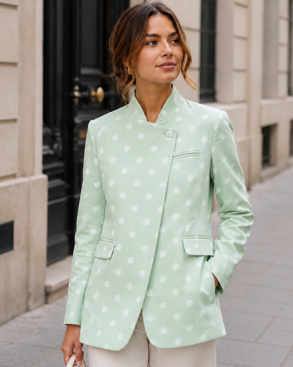 Double-Breasted Polka Dot Blazer Mint