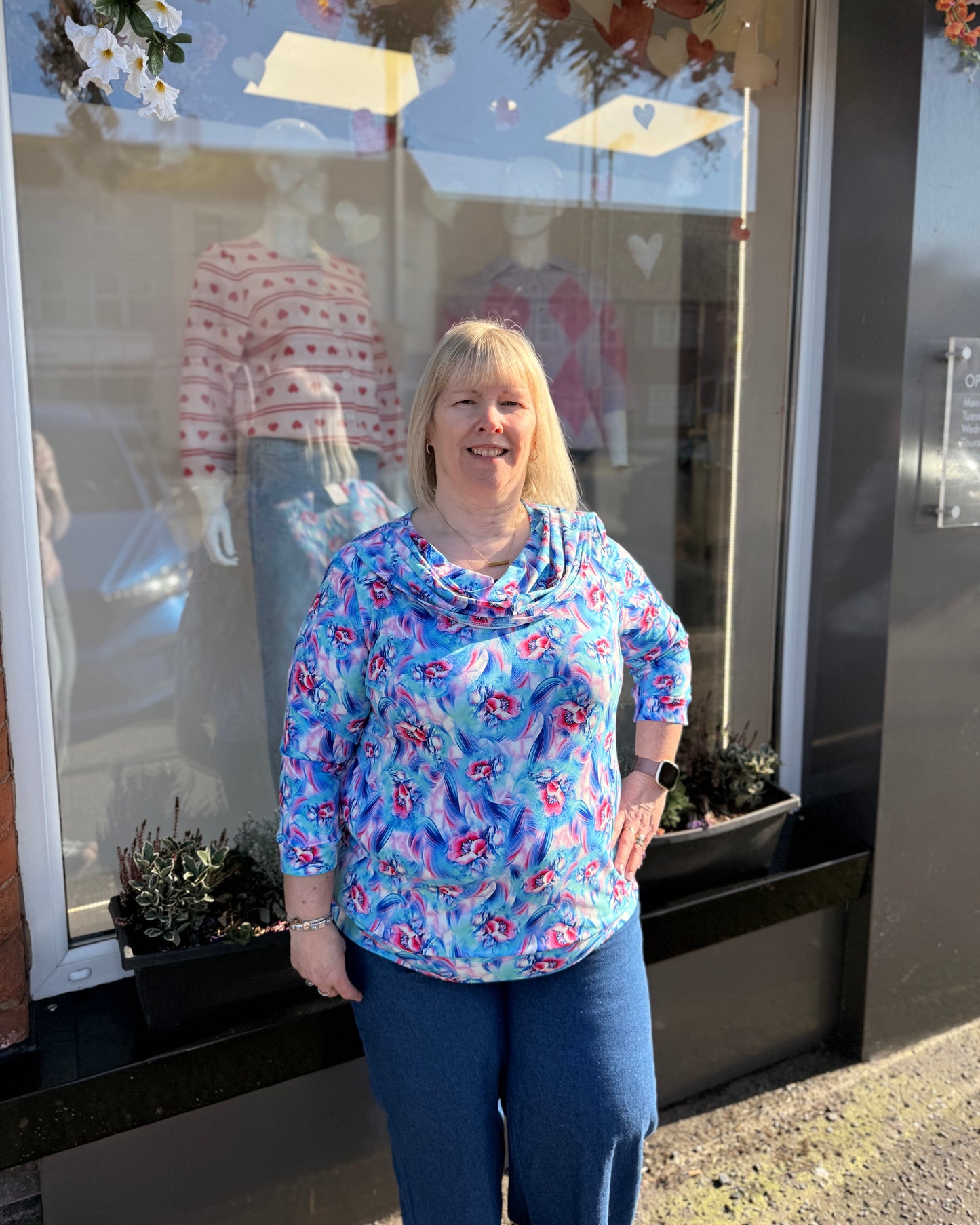 Yew 2647 Blue Flower Cowl Neck