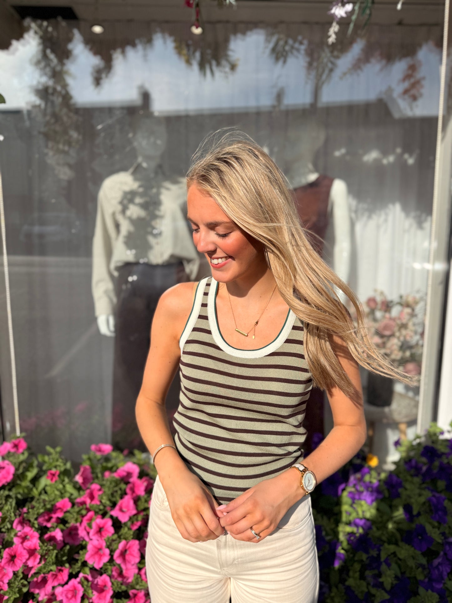 Fine Knit Stripe Vest Olive/Chocolate