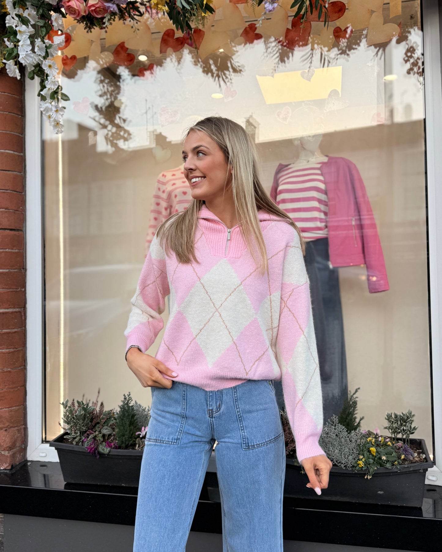 Argyle Pink Cream Zip Jumper 2021